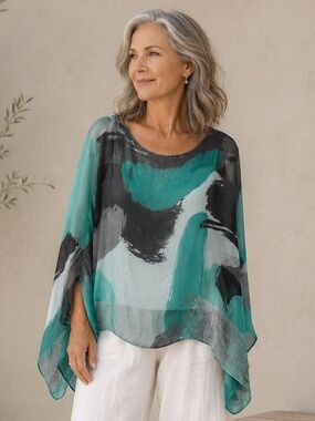 Gabriella Made in Italy Silk Blend Green Black Top Abstract Arsty Loose fit